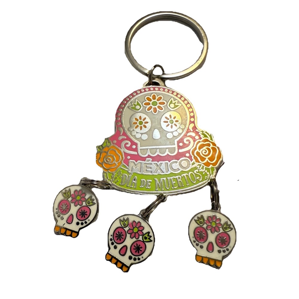 Vintage Skeleton Skull Keychain Pendant "Day Of The Dead" Metal Bag Charm Mexico - Picture 3 of 7